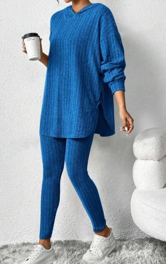 Women’s Hooded Knit Lounge Set, Oversized Tunic Sweater Top & Slim Pants Two Piece Outfit