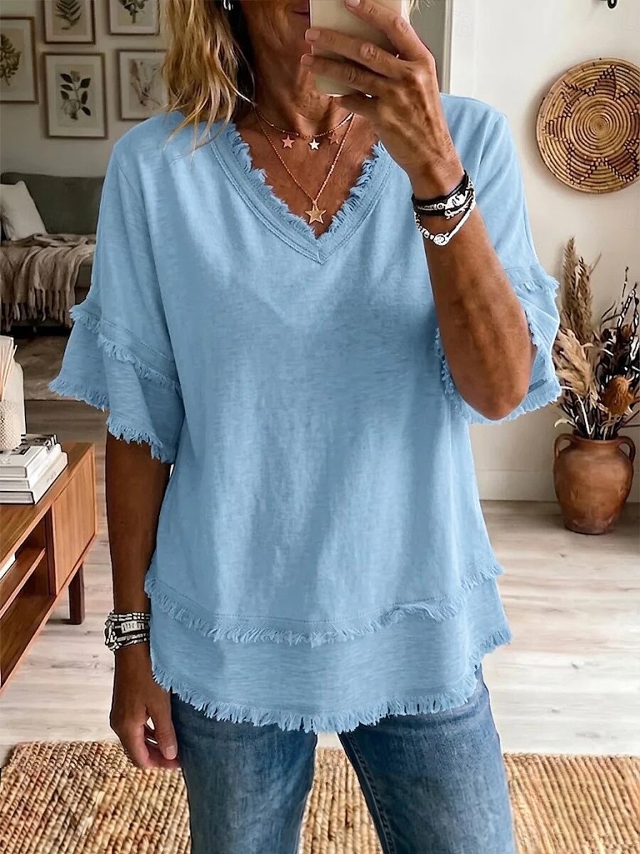 Women's Linen Blend V-Neck Fringe Trim Loose Fit Short Sleeve Top