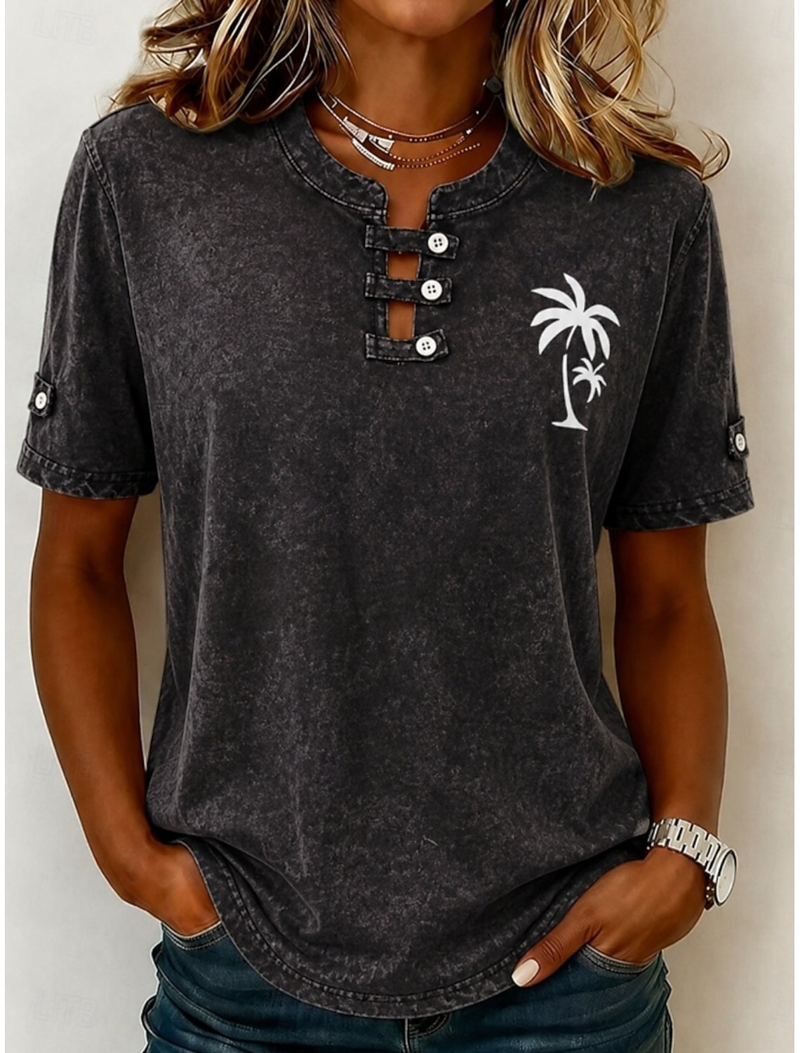 Women's Palm Tree Print Cutout Button Neck Short Sleeve T-Shirt