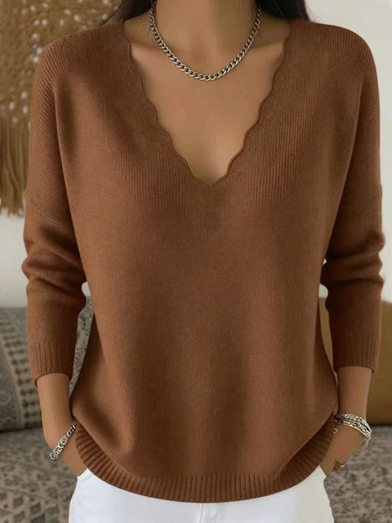 Women's Scalloped V-Neck Knit Sweater Loose Long Sleeve Pullover
