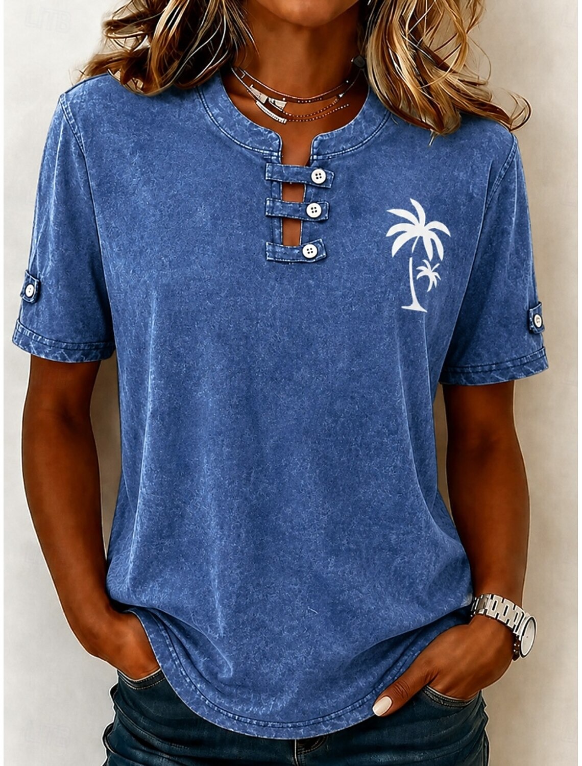 Women's Palm Tree Print Cutout Button Neck Short Sleeve T-Shirt