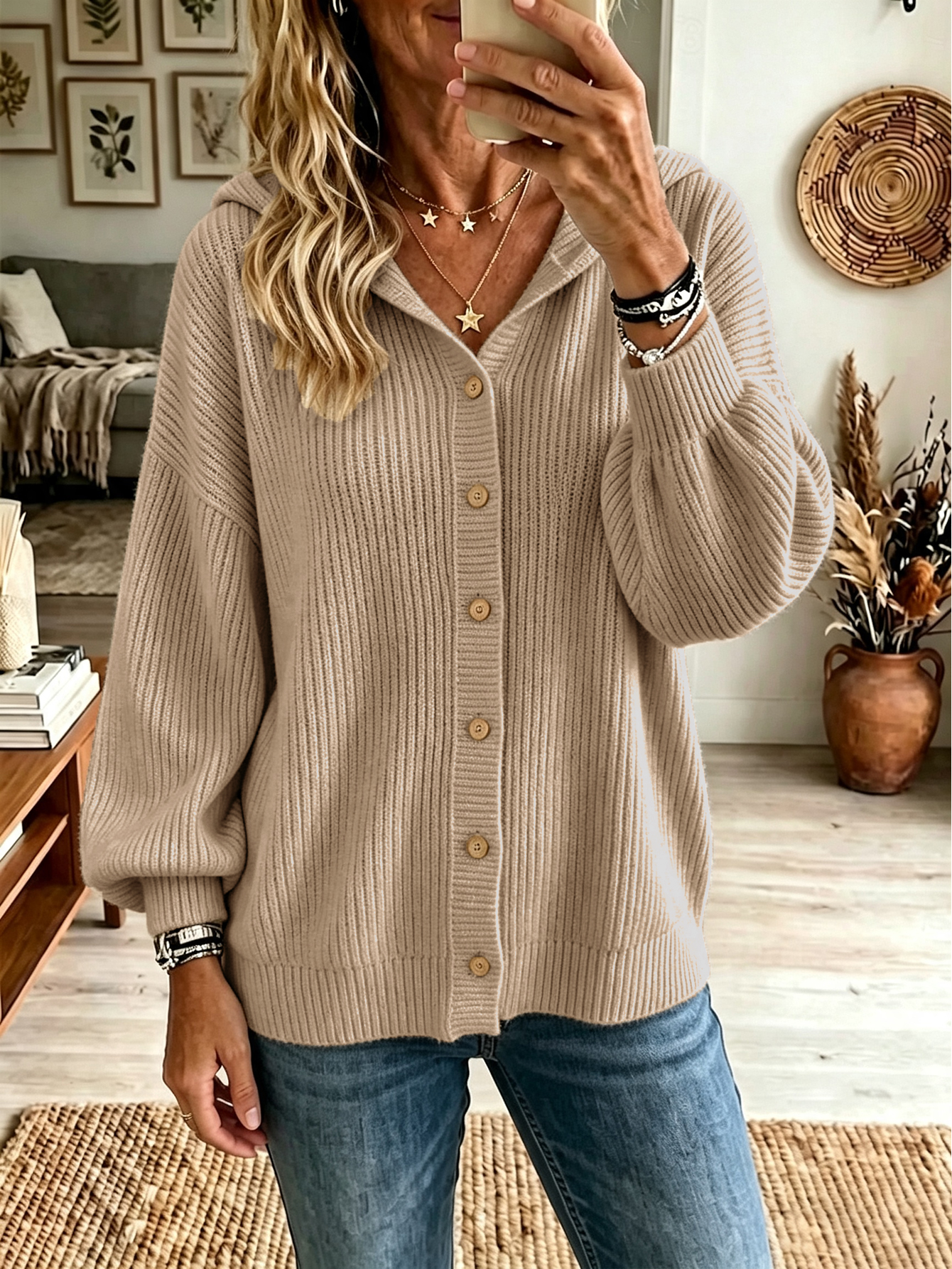 Women’s Hooded Knit Cardigan, Relaxed Fit Button Front Sweater Jacket Casual Outerwear