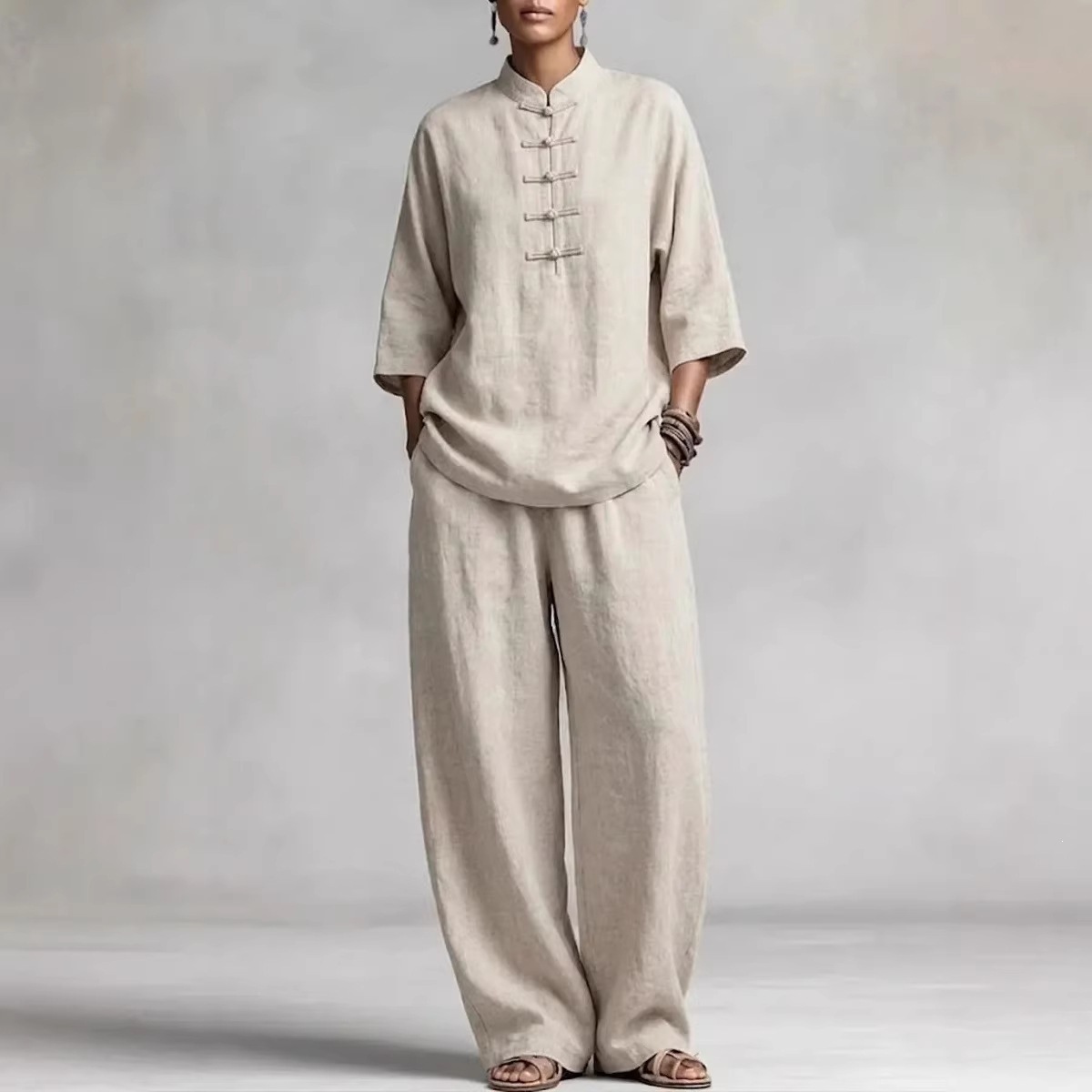 Linen Blend Frog Button Top & Wide Leg Pants Set