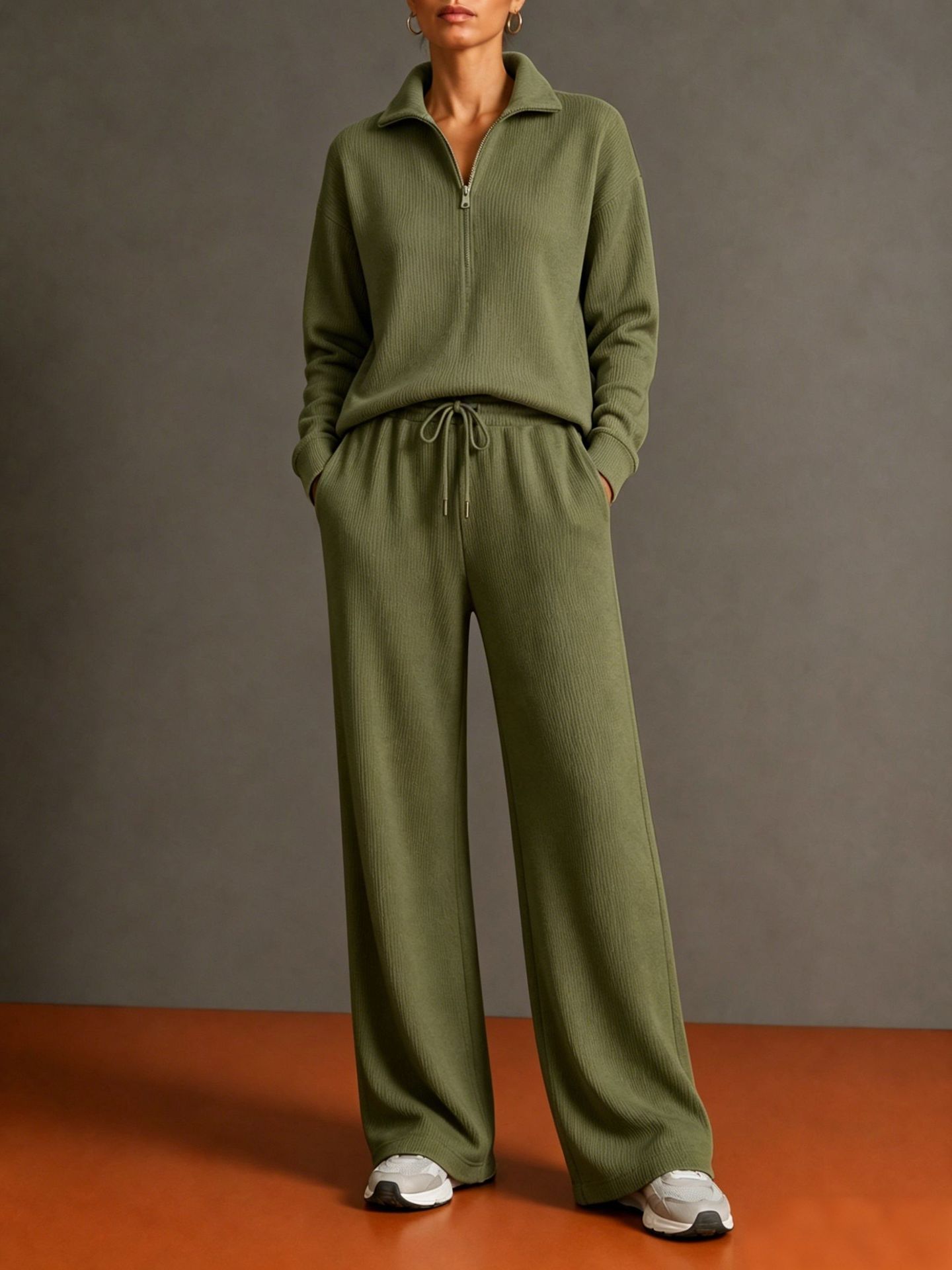 Women’s Knit Two Piece Set, Quarter Zip Collared Sweater and Wide Leg Pants Matching Outfit