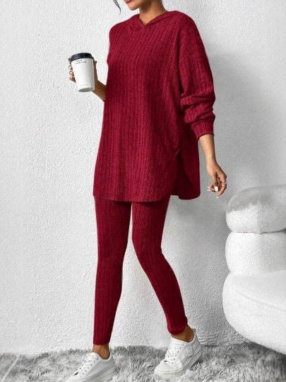 Women’s Hooded Knit Lounge Set, Oversized Tunic Sweater Top & Slim Pants Two Piece Outfit