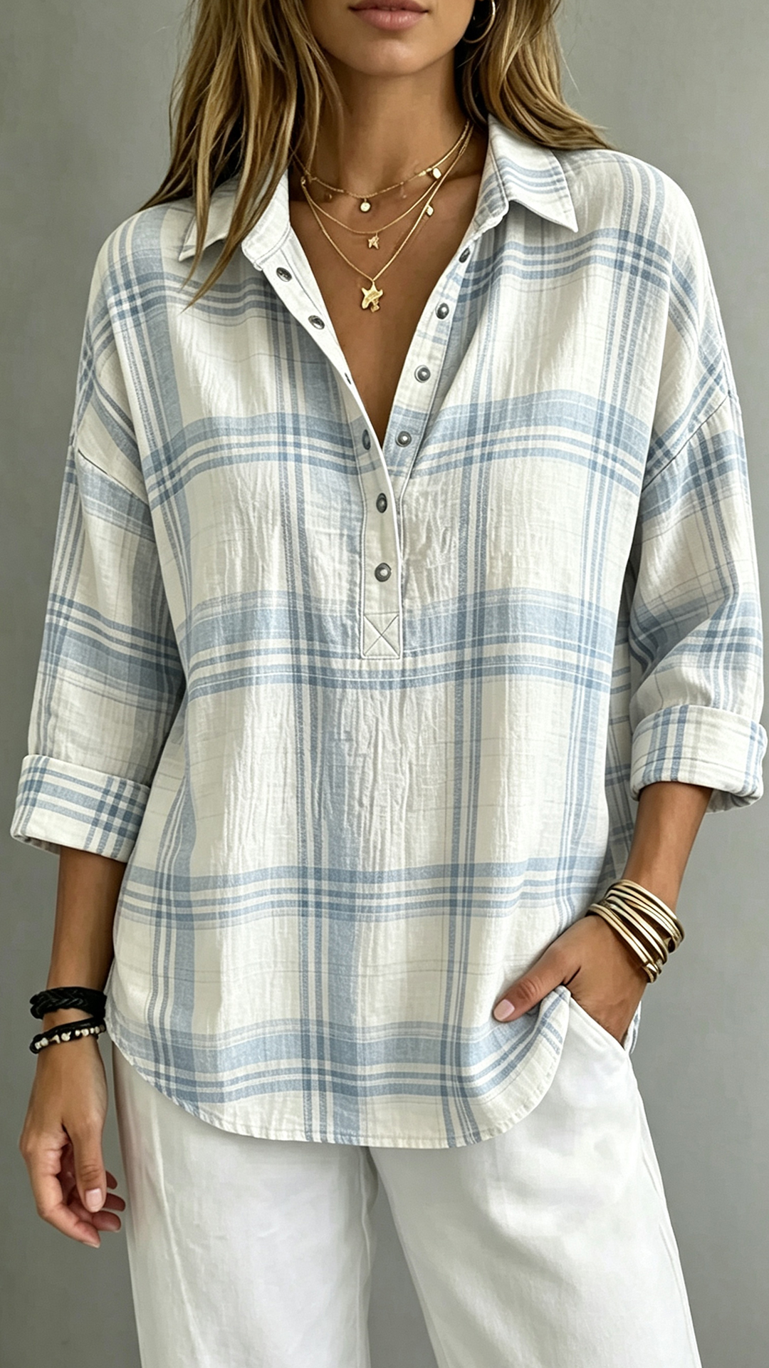 Women's Plaid Henley Polo Shirt Casual Oversized Drop Shoulder Long Sleeve Blouse