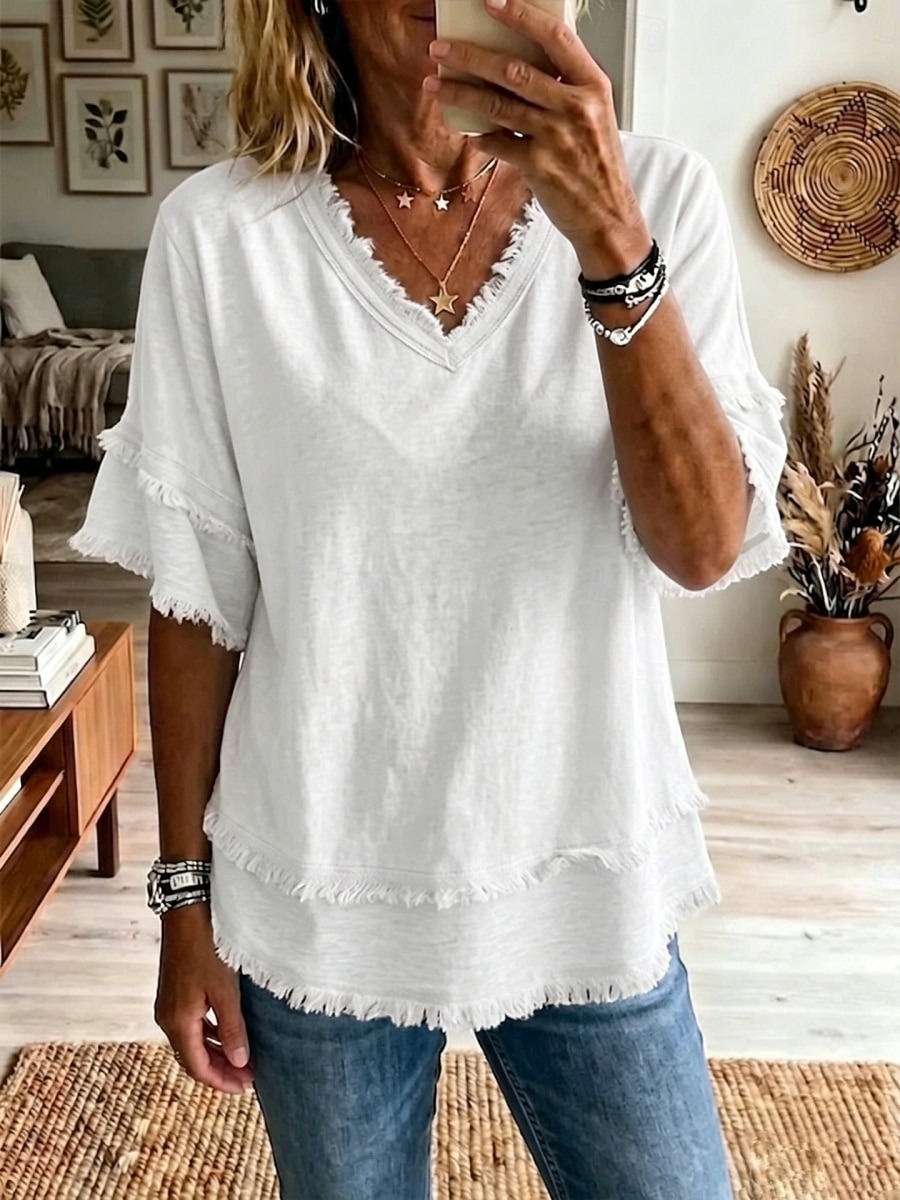 Women's Linen Blend V-Neck Fringe Trim Loose Fit Short Sleeve Top