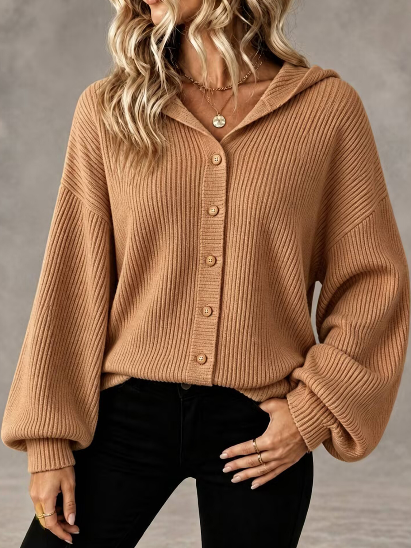Women’s Hooded Knit Cardigan, Relaxed Fit Button Front Sweater Jacket Casual Outerwear