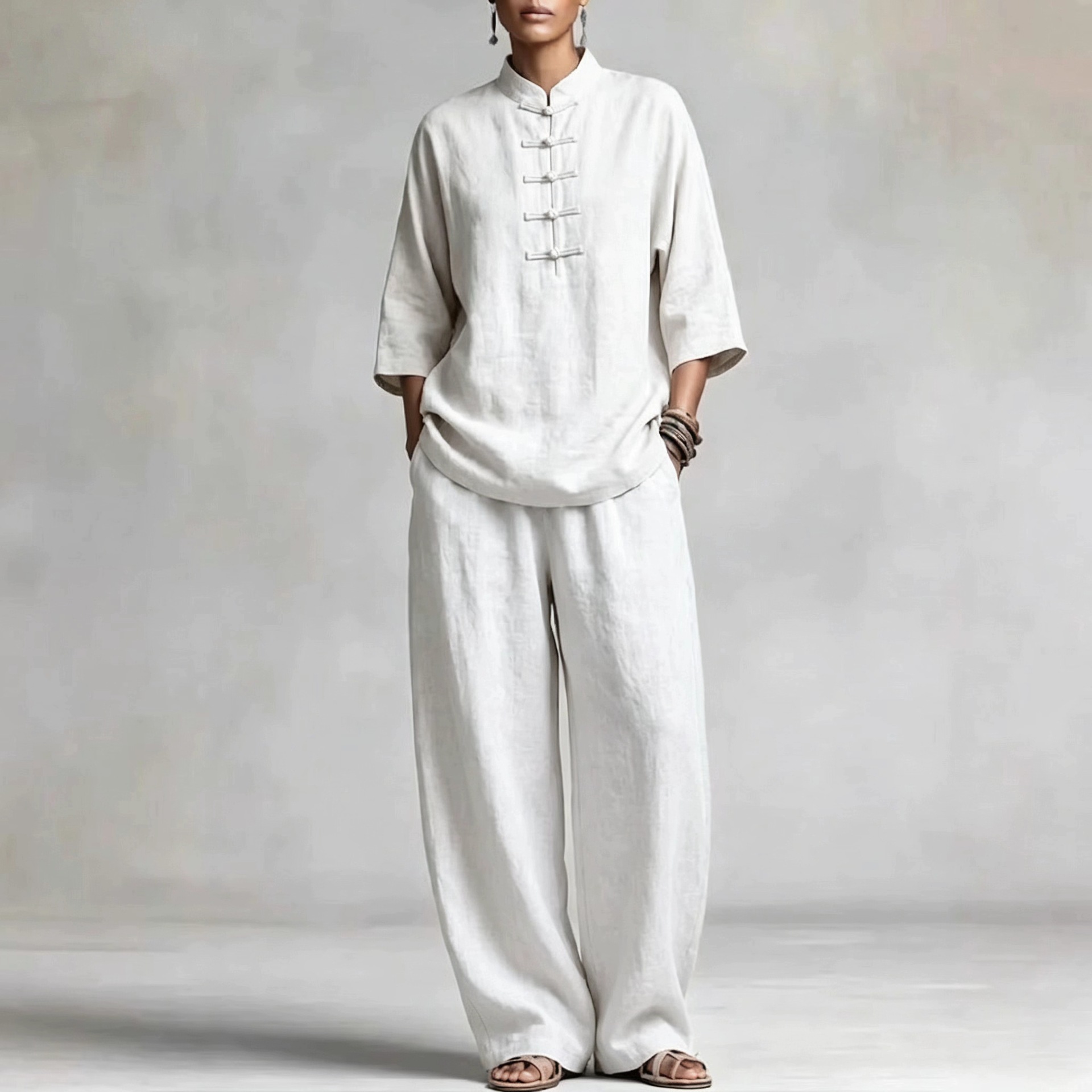 Linen Blend Frog Button Top & Wide Leg Pants Set