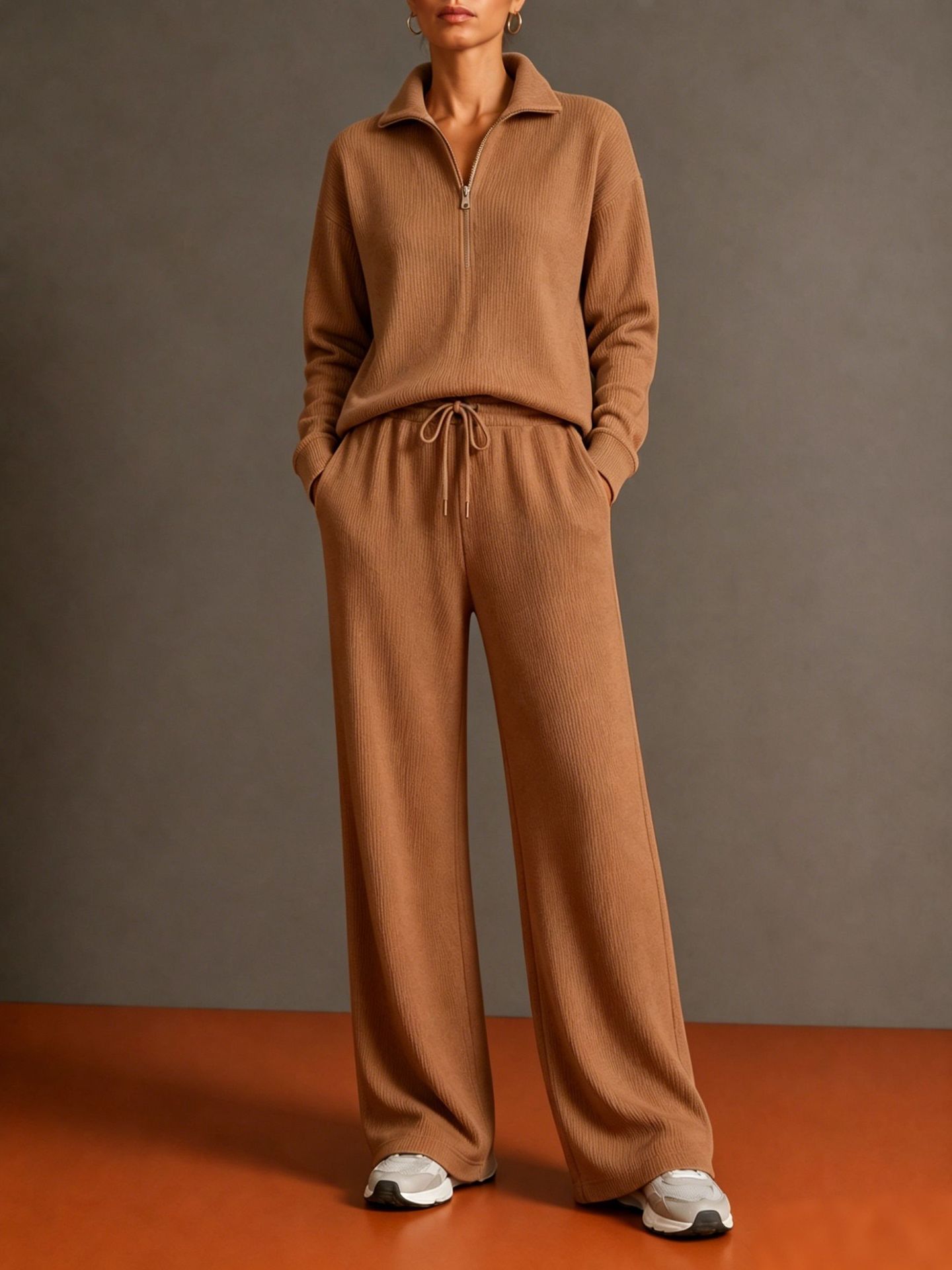 Women’s Knit Two Piece Set, Quarter Zip Collared Sweater and Wide Leg Pants Matching Outfit
