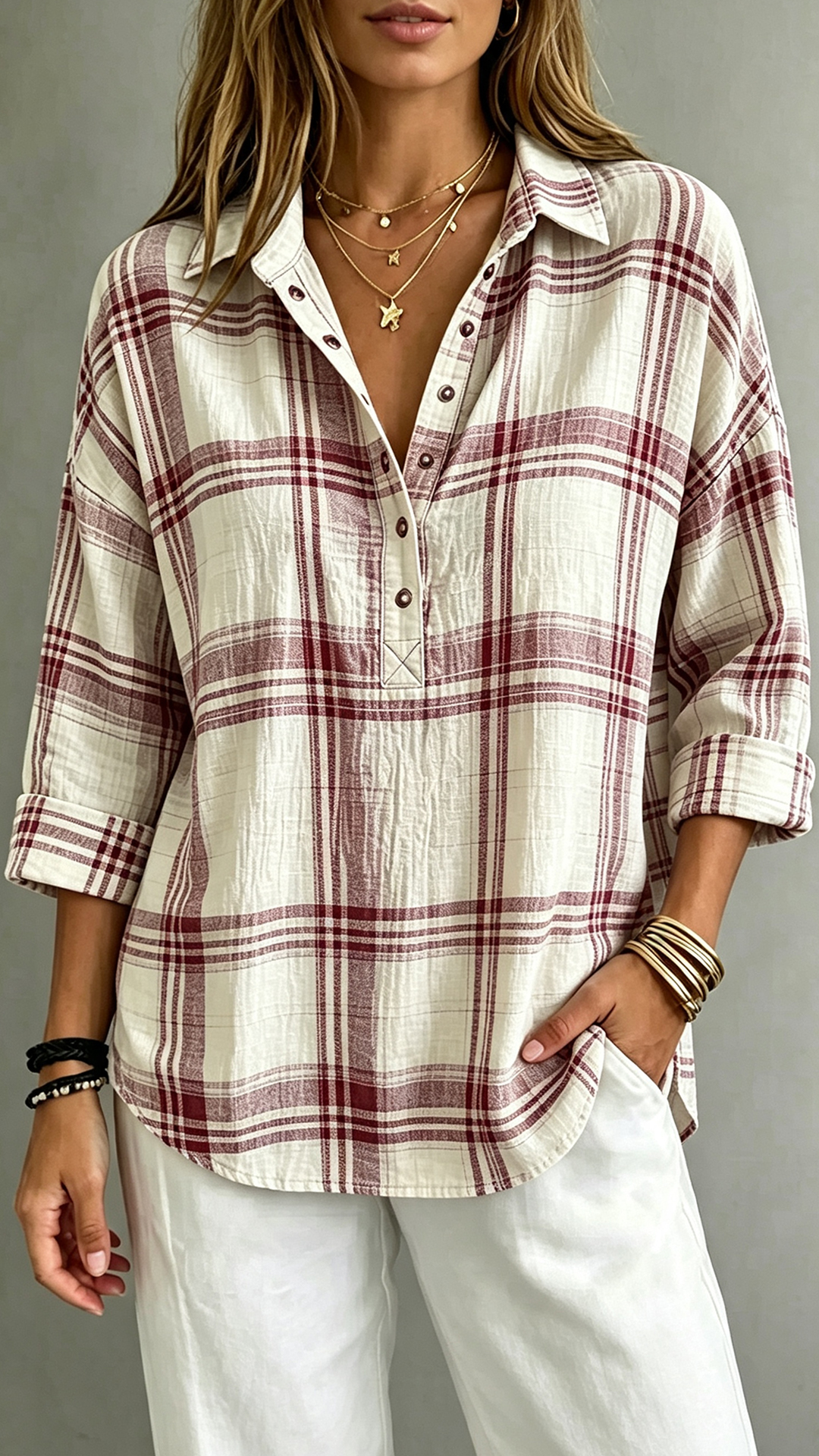 Women's Plaid Henley Polo Shirt Casual Oversized Drop Shoulder Long Sleeve Blouse