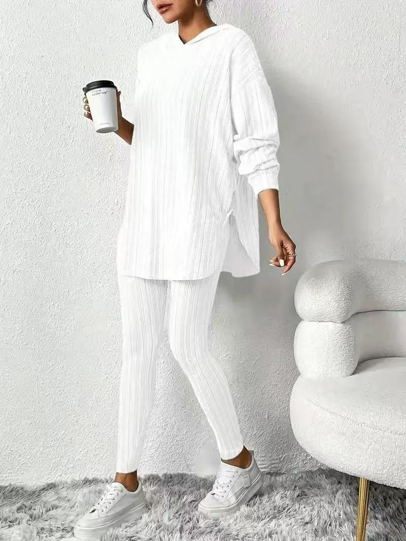 Women’s Hooded Knit Lounge Set, Oversized Tunic Sweater Top & Slim Pants Two Piece Outfit