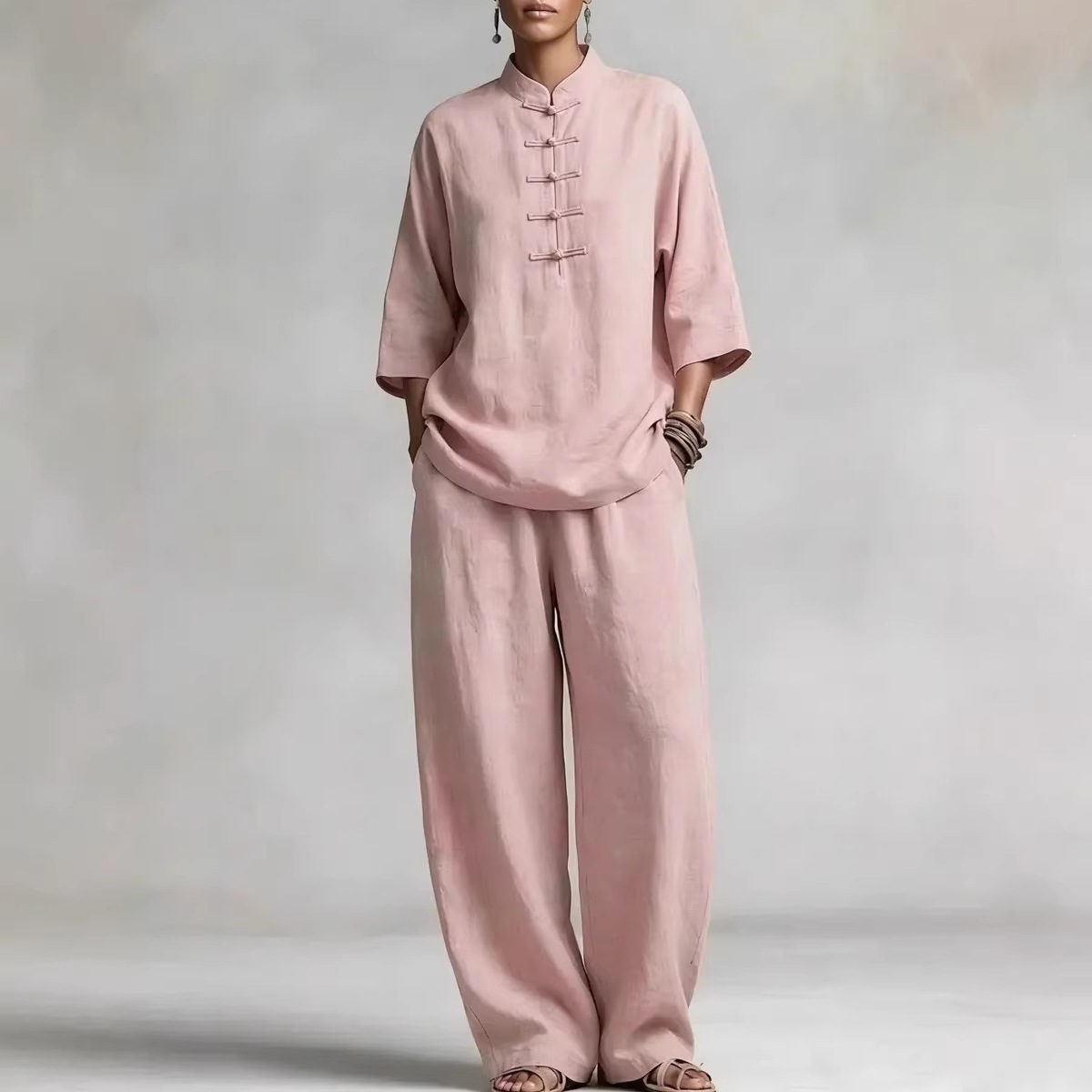 Linen Blend Frog Button Top & Wide Leg Pants Set