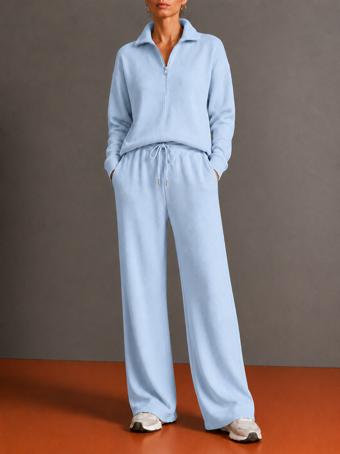 Women’s Knit Two Piece Set, Quarter Zip Collared Sweater and Wide Leg Pants Matching Outfit