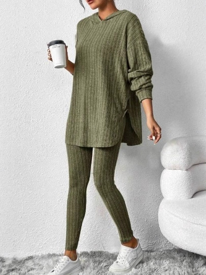 Women’s Hooded Knit Lounge Set, Oversized Tunic Sweater Top & Slim Pants Two Piece Outfit