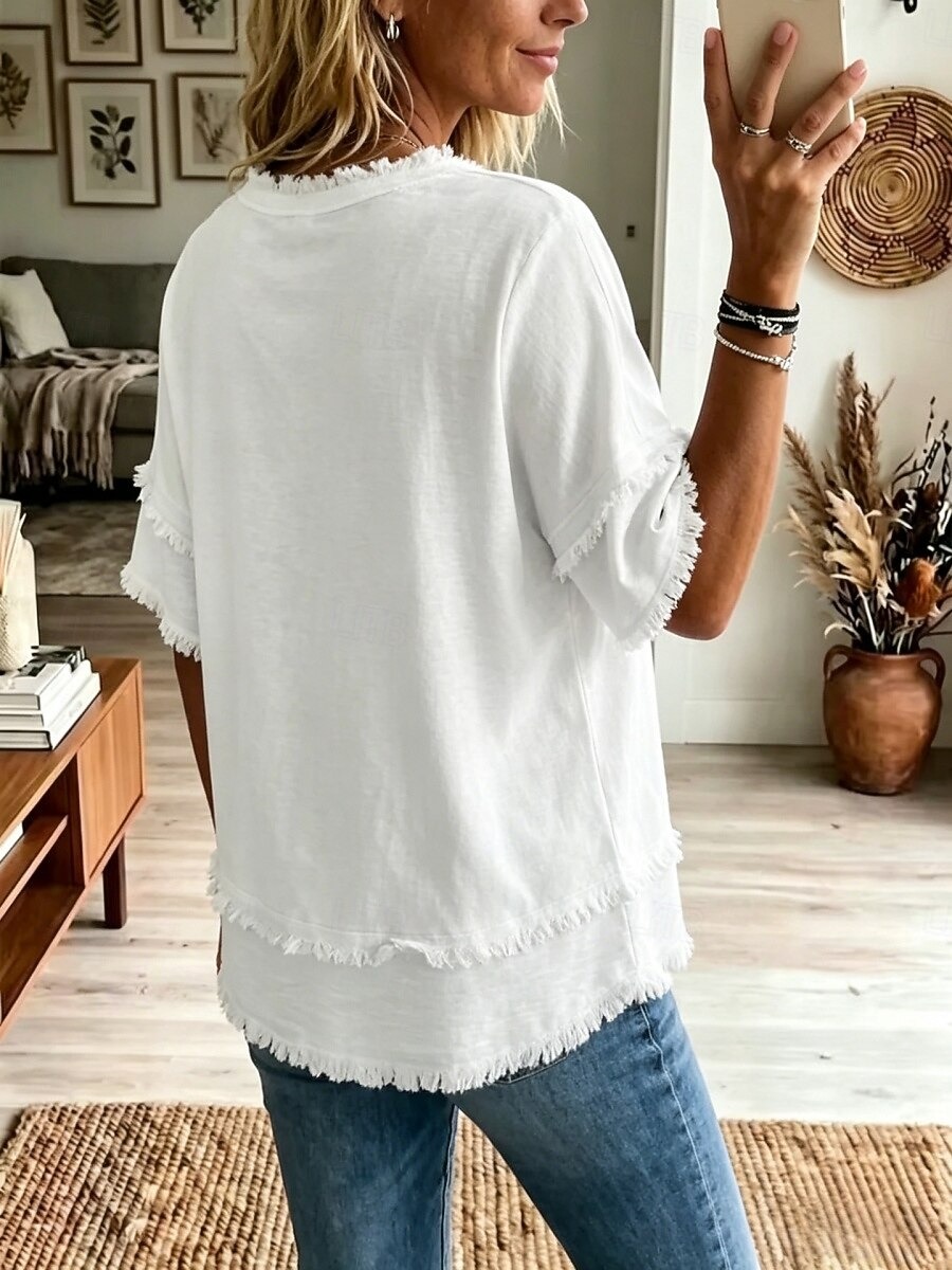Women's Linen Blend V-Neck Fringe Trim Loose Fit Short Sleeve Top