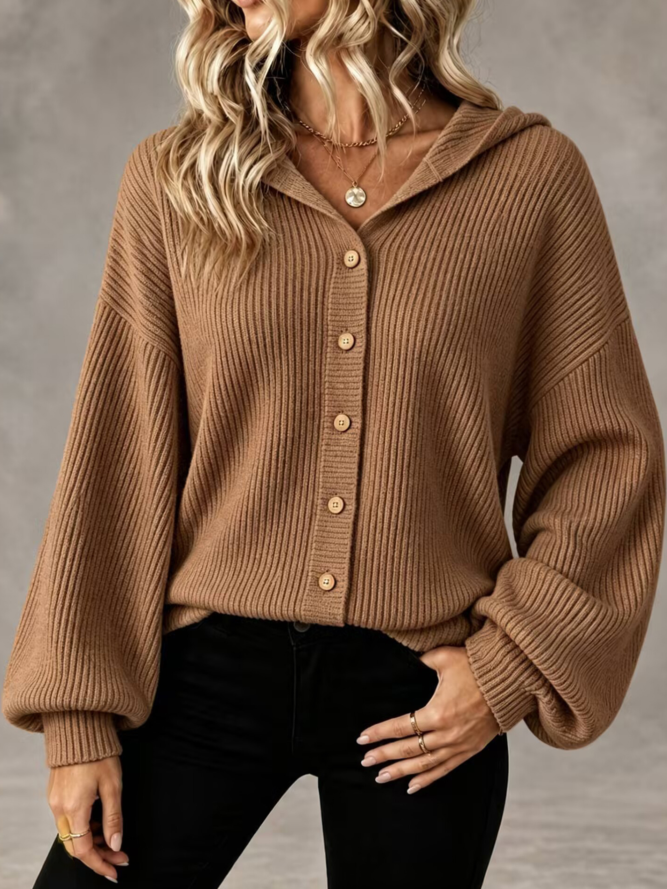 Women’s Hooded Knit Cardigan, Relaxed Fit Button Front Sweater Jacket Casual Outerwear