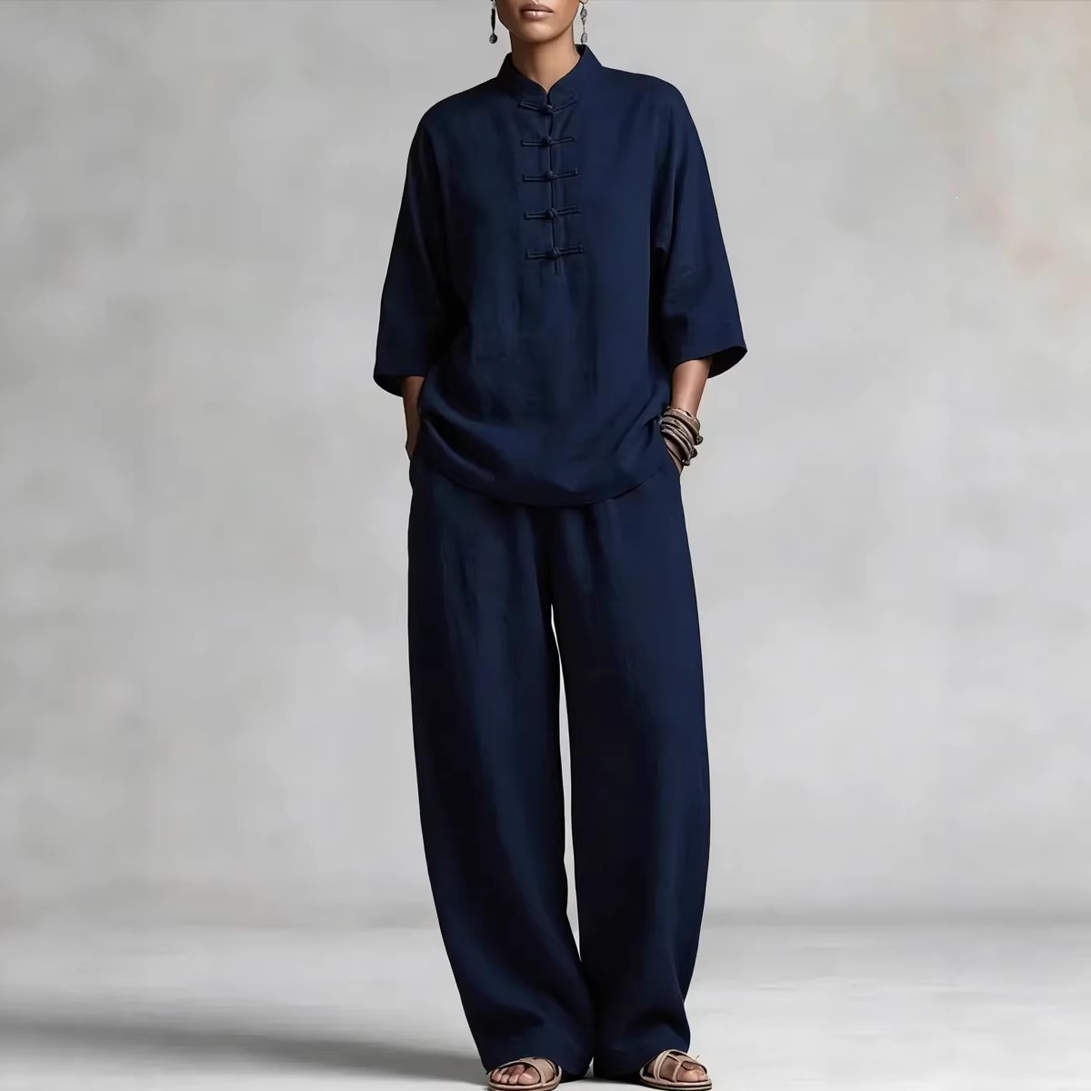 Linen Blend Frog Button Top & Wide Leg Pants Set