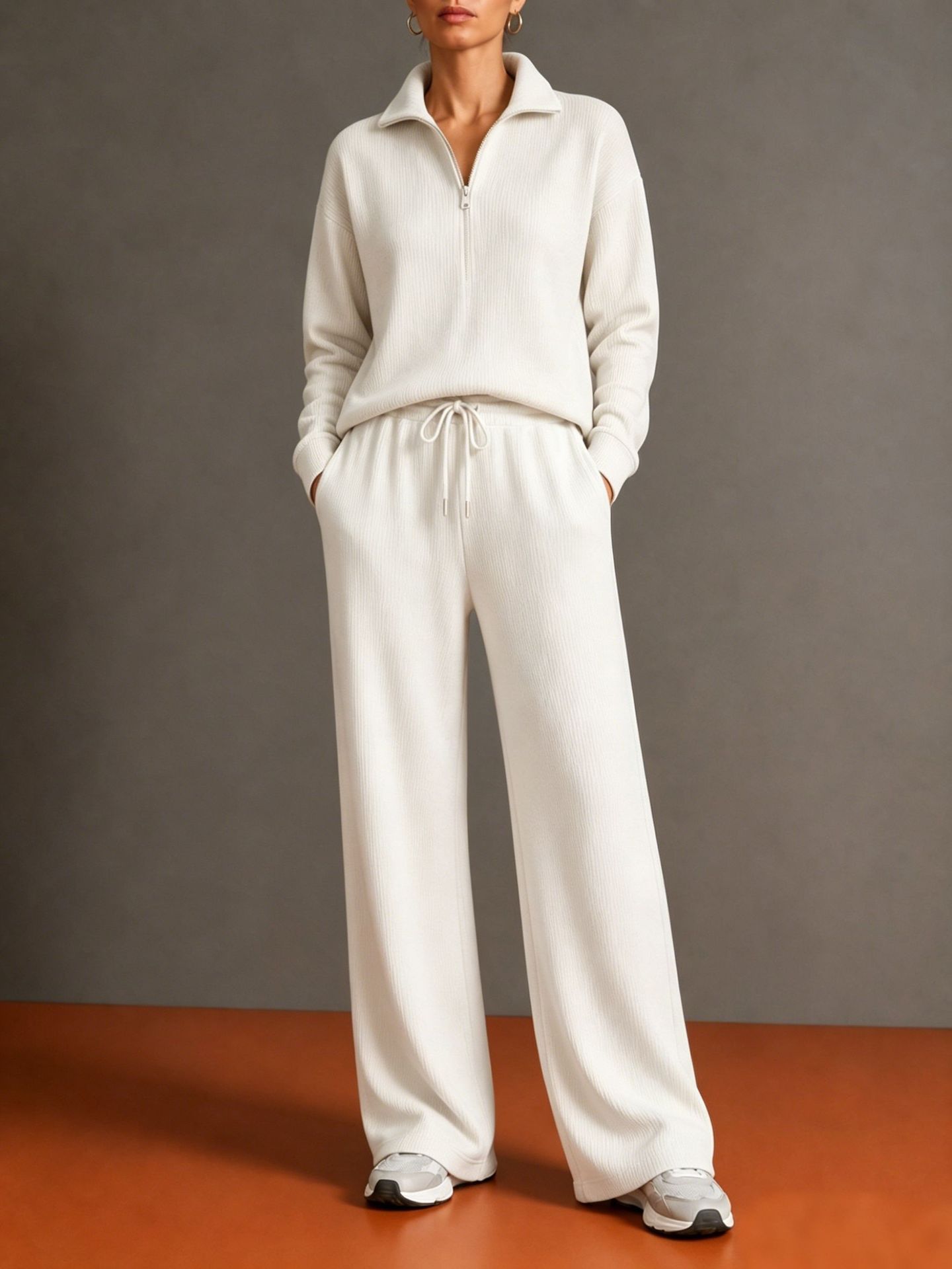 Women’s Knit Two Piece Set, Quarter Zip Collared Sweater and Wide Leg Pants Matching Outfit