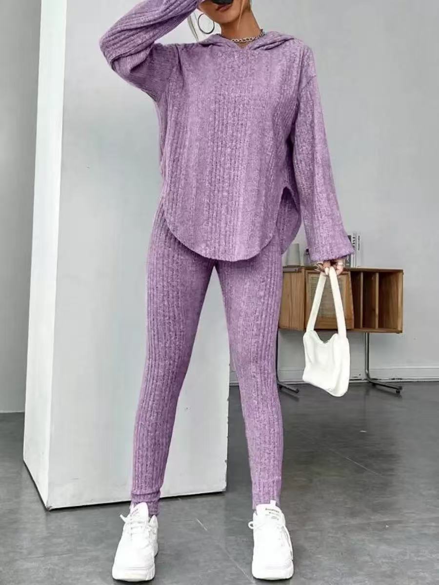 Women’s Hooded Knit Lounge Set, Oversized Tunic Sweater Top & Slim Pants Two Piece Outfit