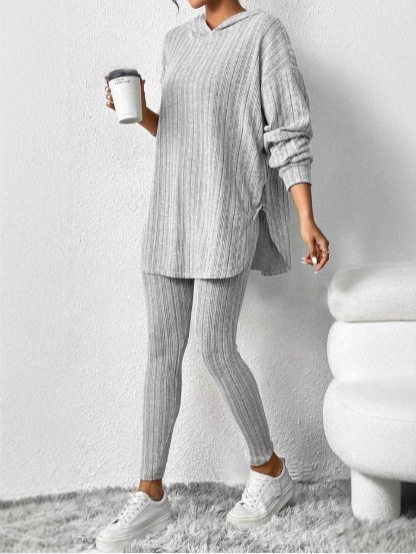 Women’s Hooded Knit Lounge Set, Oversized Tunic Sweater Top & Slim Pants Two Piece Outfit