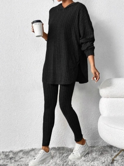 Women’s Hooded Knit Lounge Set, Oversized Tunic Sweater Top & Slim Pants Two Piece Outfit
