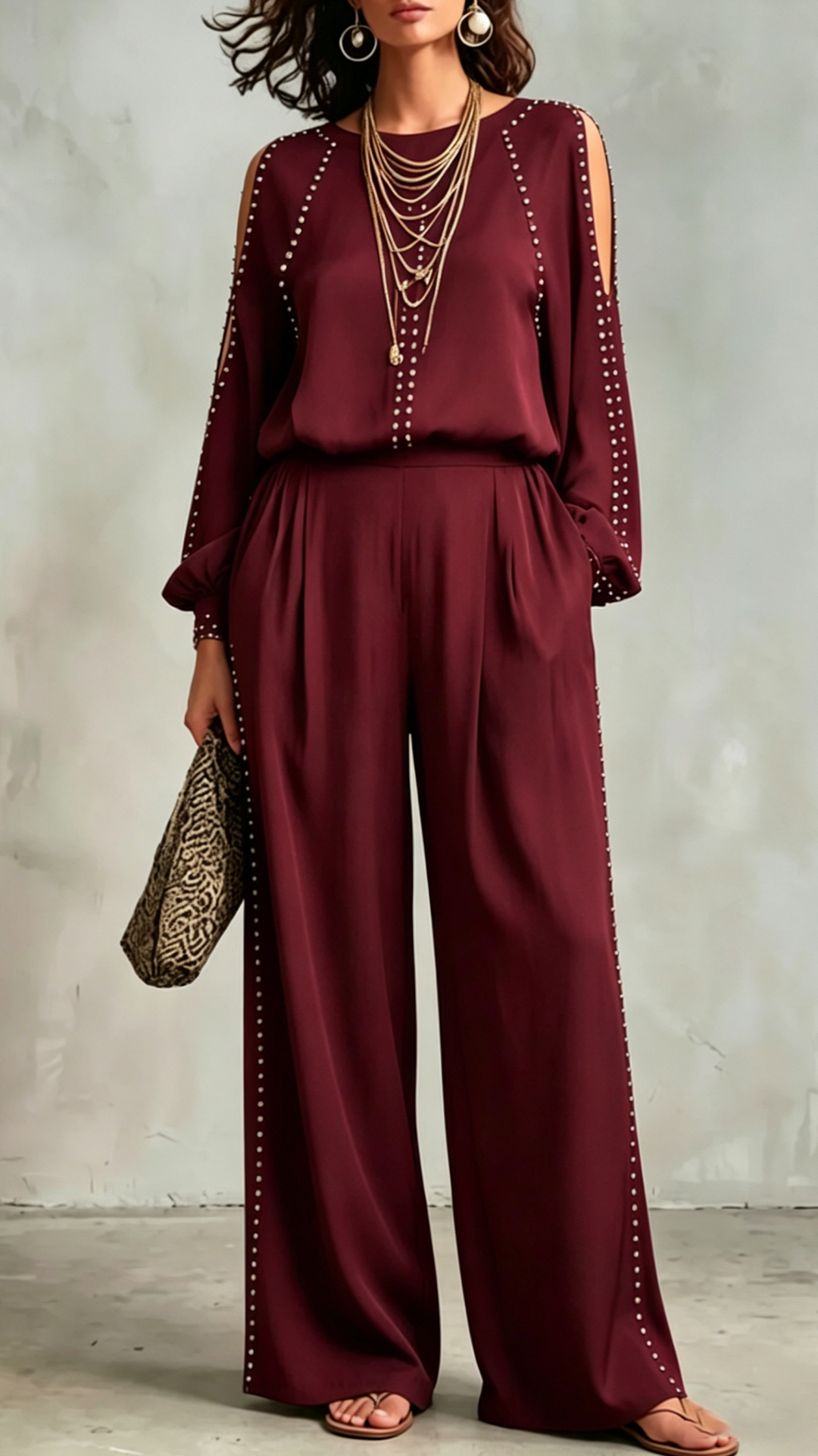 Women's Cold-Shoulder Studded Top & Wide-Leg Pants Polyester Set