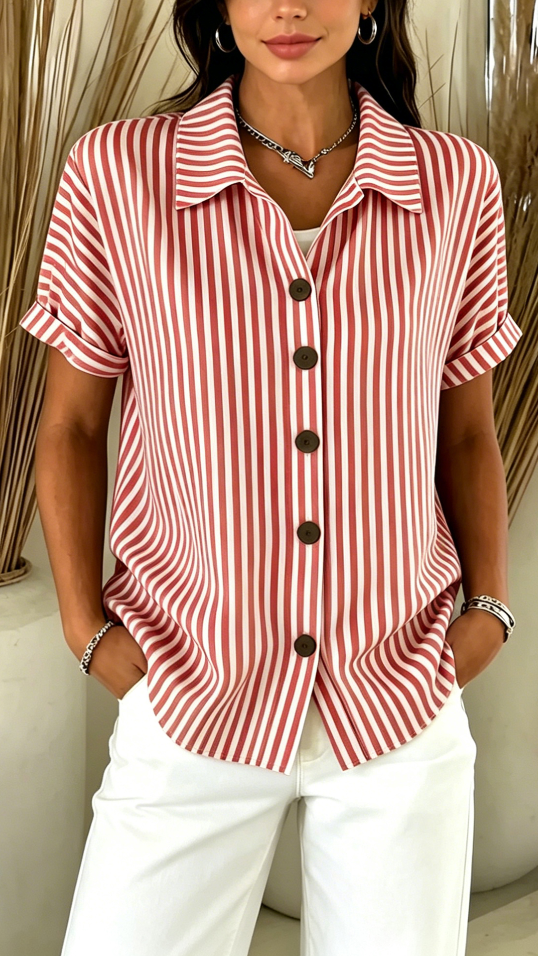 Women's Red & White Striped Cotton-Blend Shirt
