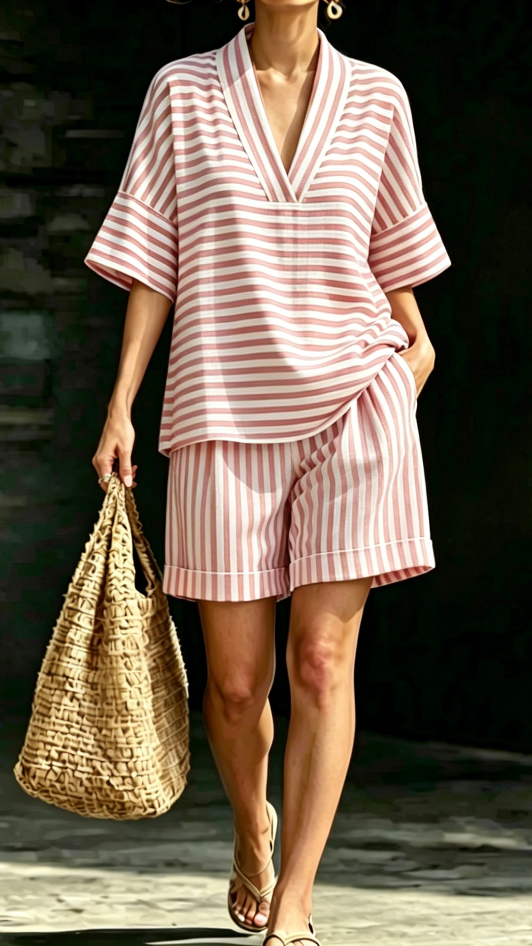 Women's Casual V-Neck Striped Loose-Fit Matching Set