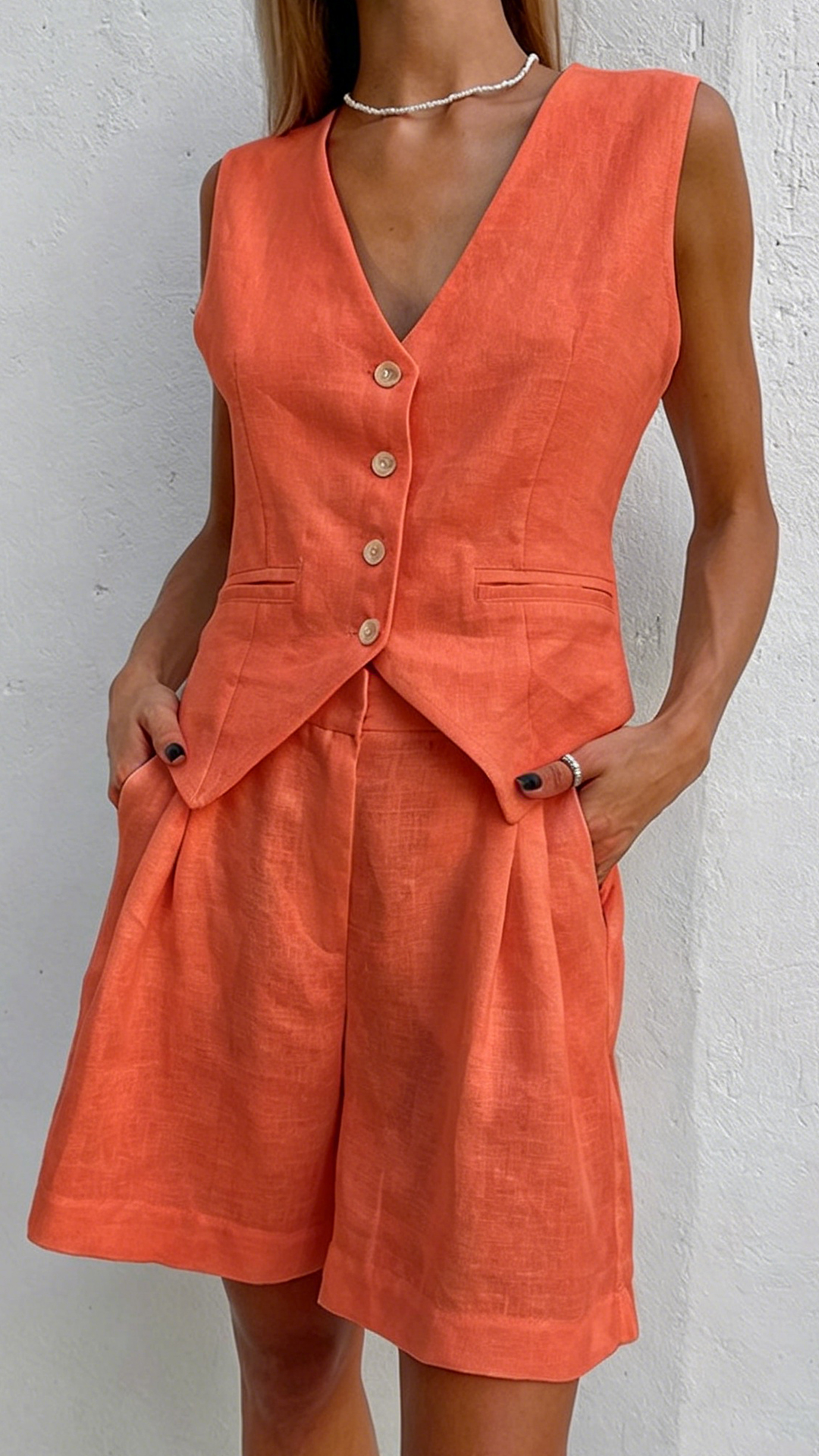 Women's Cotton-Linen Blend V-Neck Waistcoat & High-Waisted Shorts Set