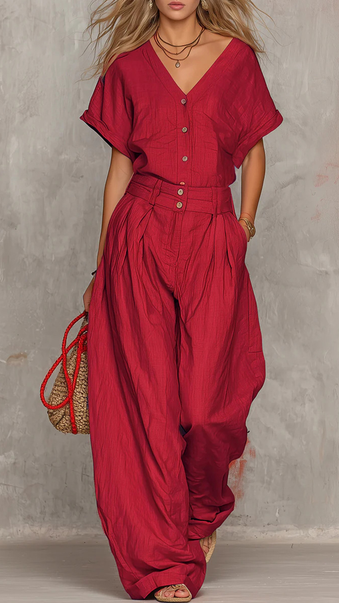 Women's Cotton-Blend Textured V-Neck Top & Wide-Leg Pants Set