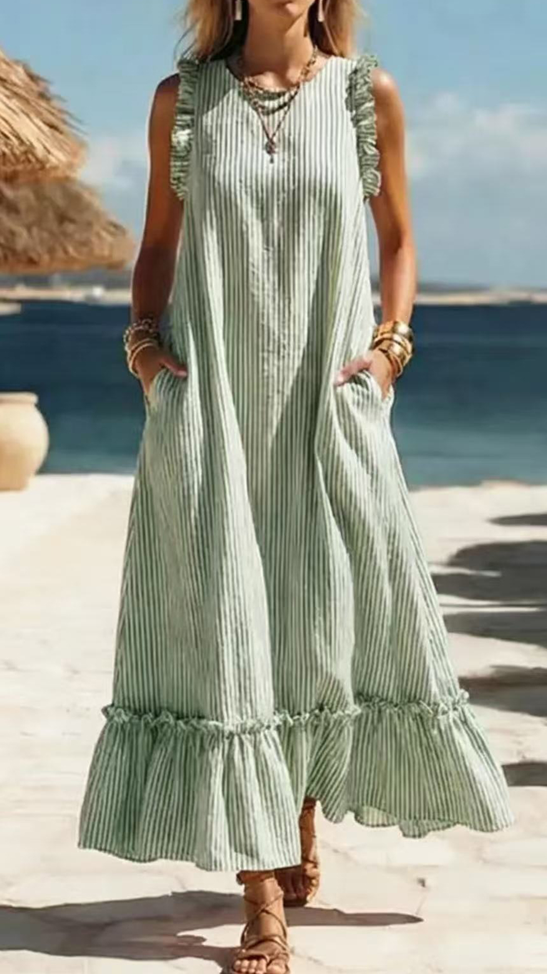 Women's Cotton-Blend Striped Ruffled Sleeveless Maxi Dress