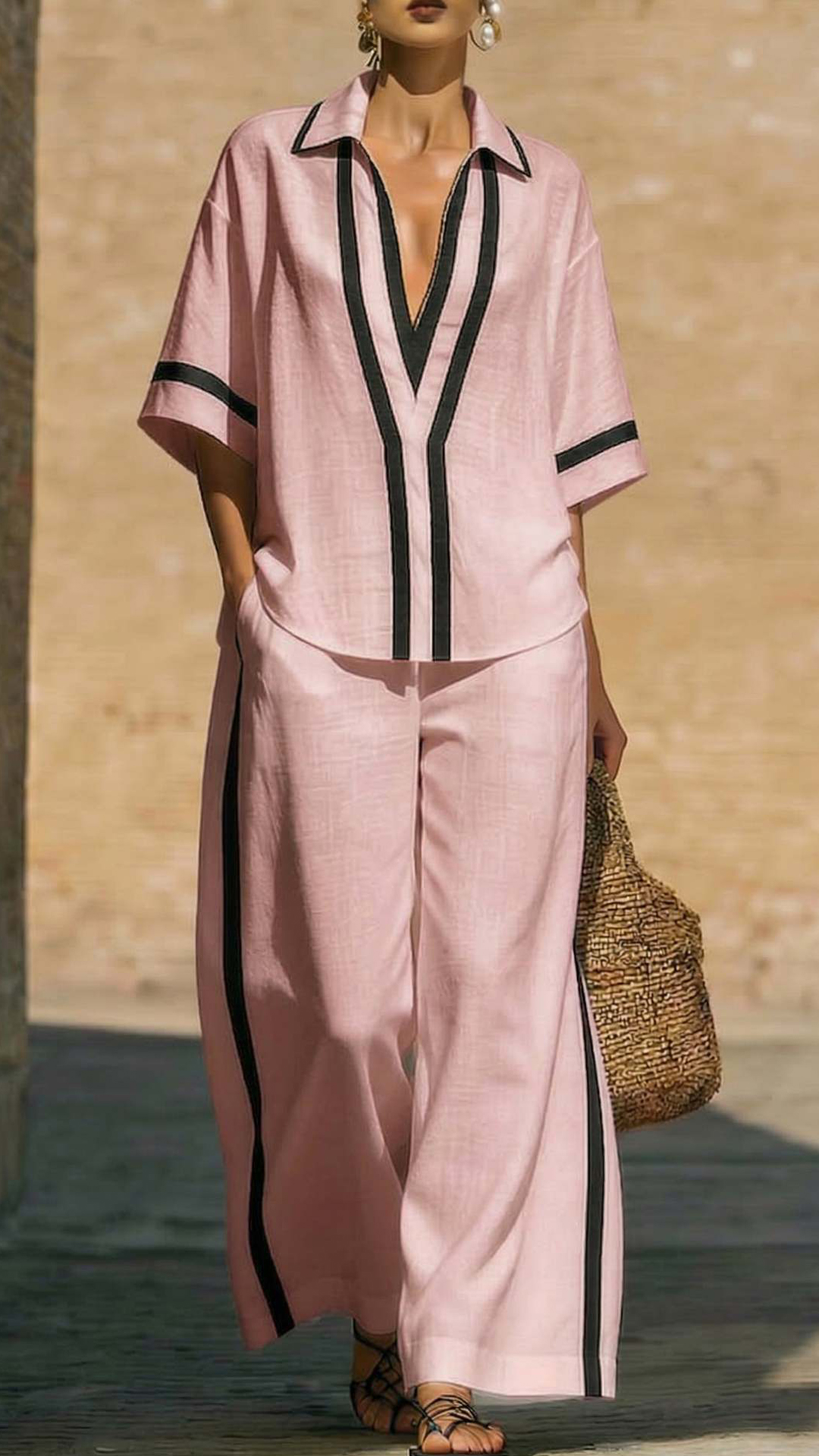 Women's Cotton-Blend Contrast Trim Co-Ord Set