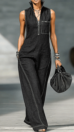 Women's Cotton-Blend Stitched Detail Sleeveless Wide-Leg Jumpsuit