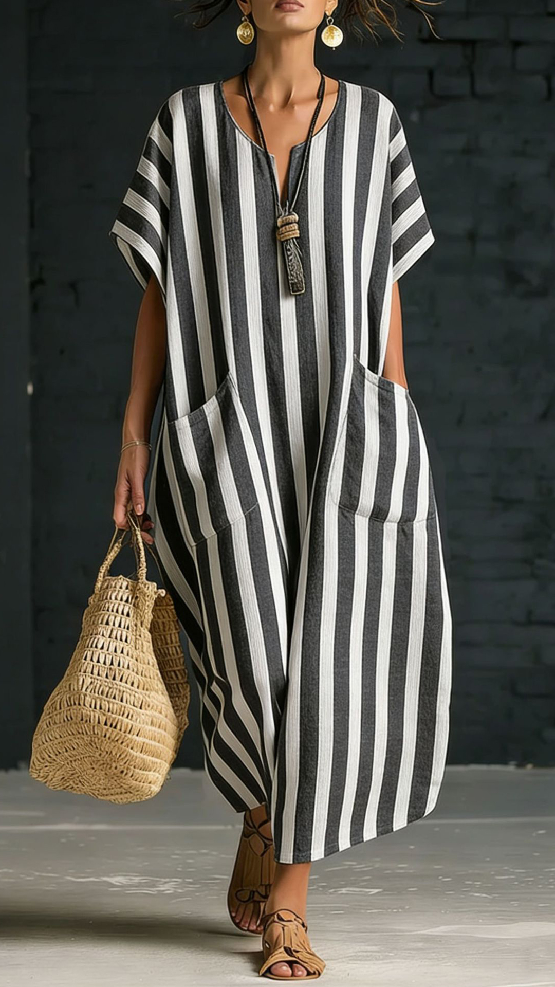 Women's Cotton-Blend Blue and White Vertical Striped Loose Dress