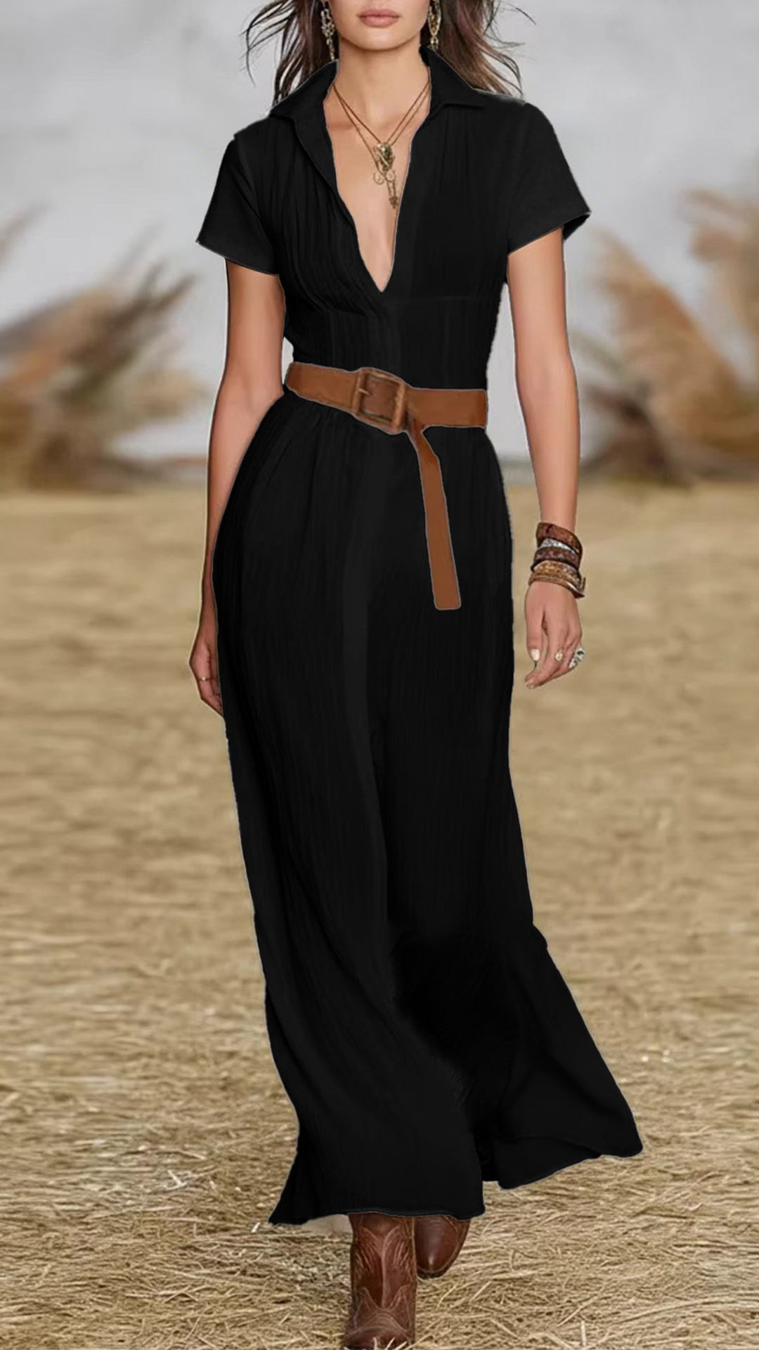 Women's Cotton‑blend Ginger Yellow Collared V‑Neck Short‑Sleeve Belted Waist‑cinched Maxi Dress