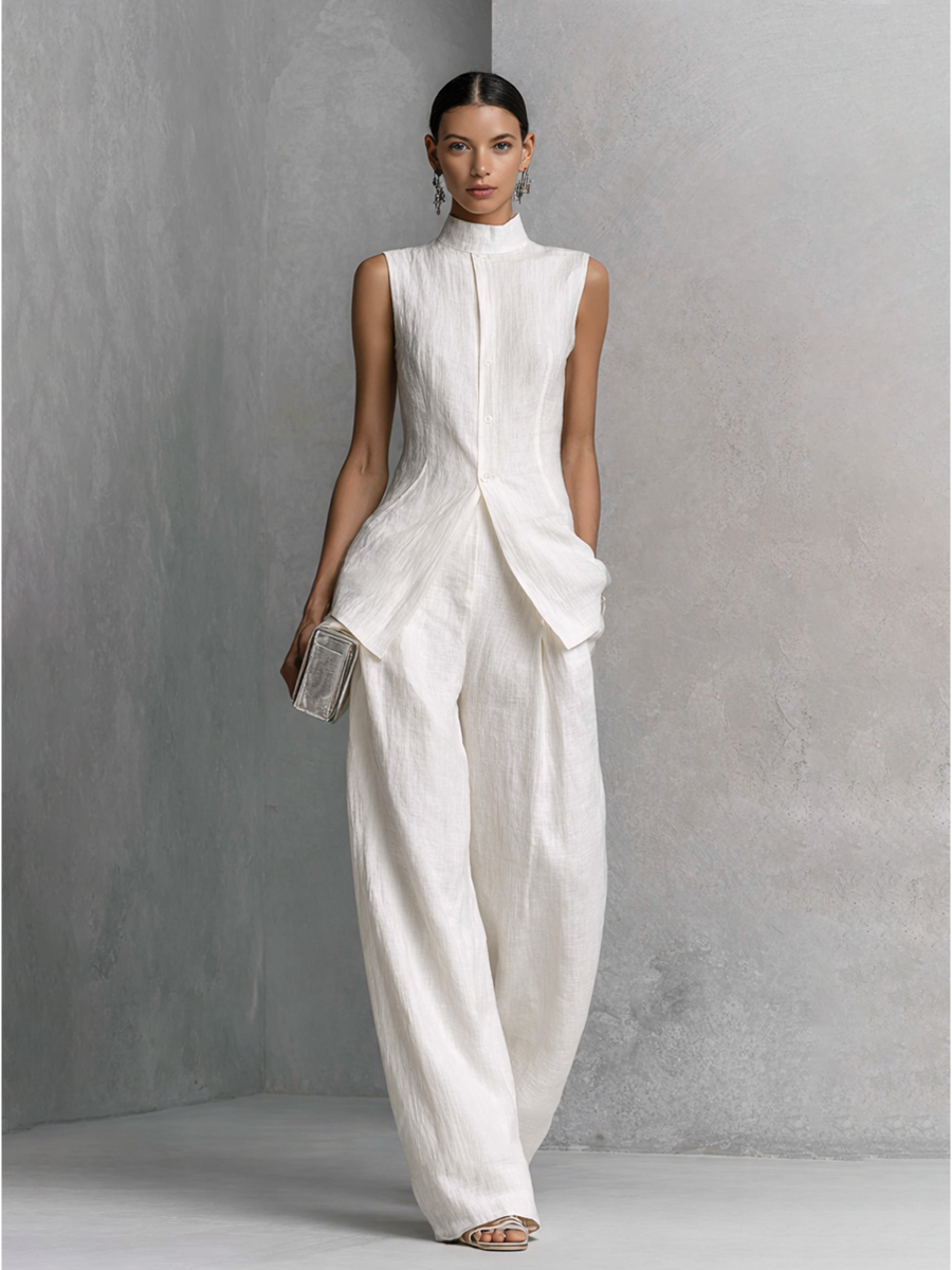 Women's Elegant White Cotton Linen Sleeveless Top and Wide-Leg Pants Set