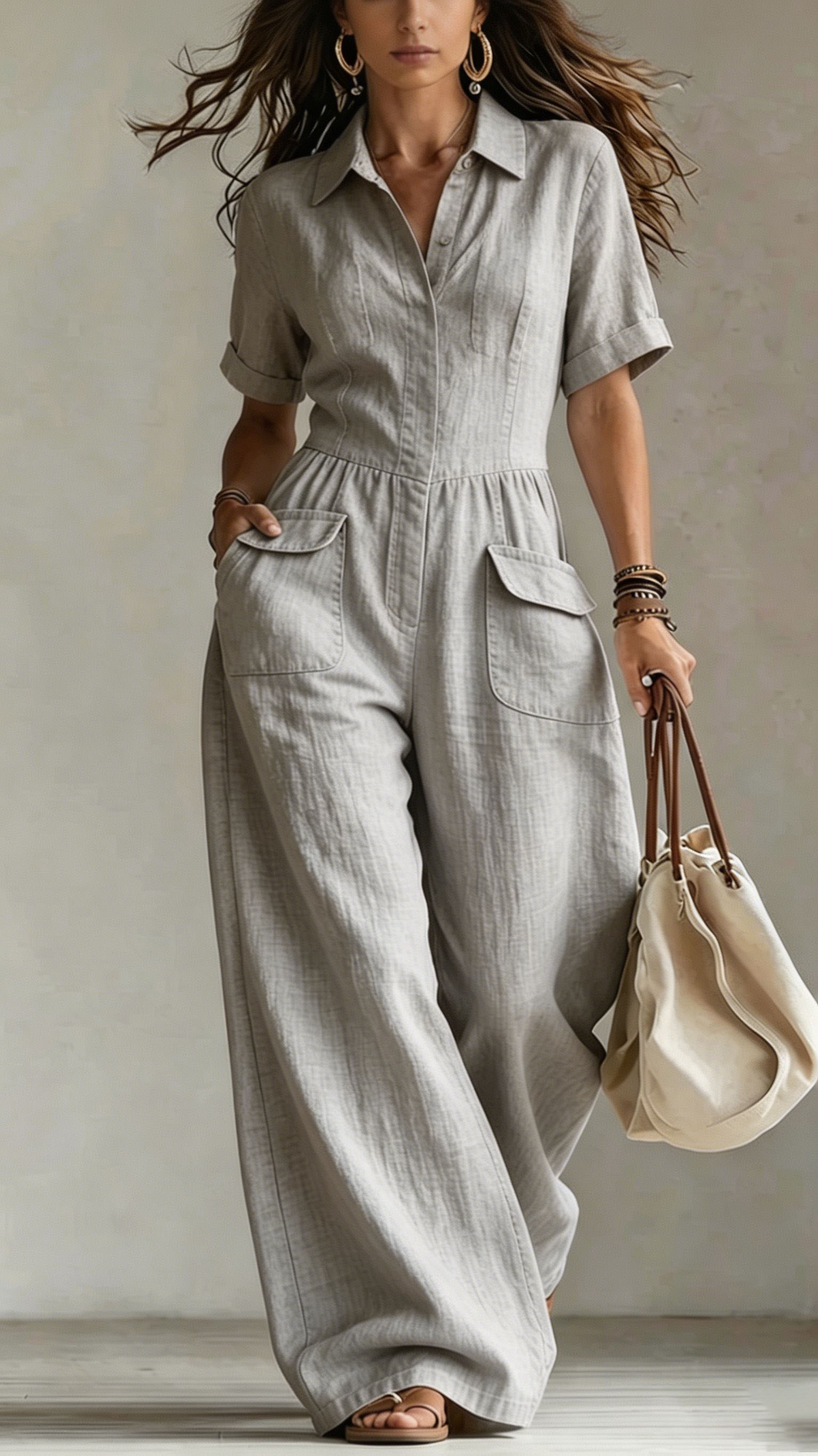 Women's cotton and linen loose sleeveless suspender jumpsuit