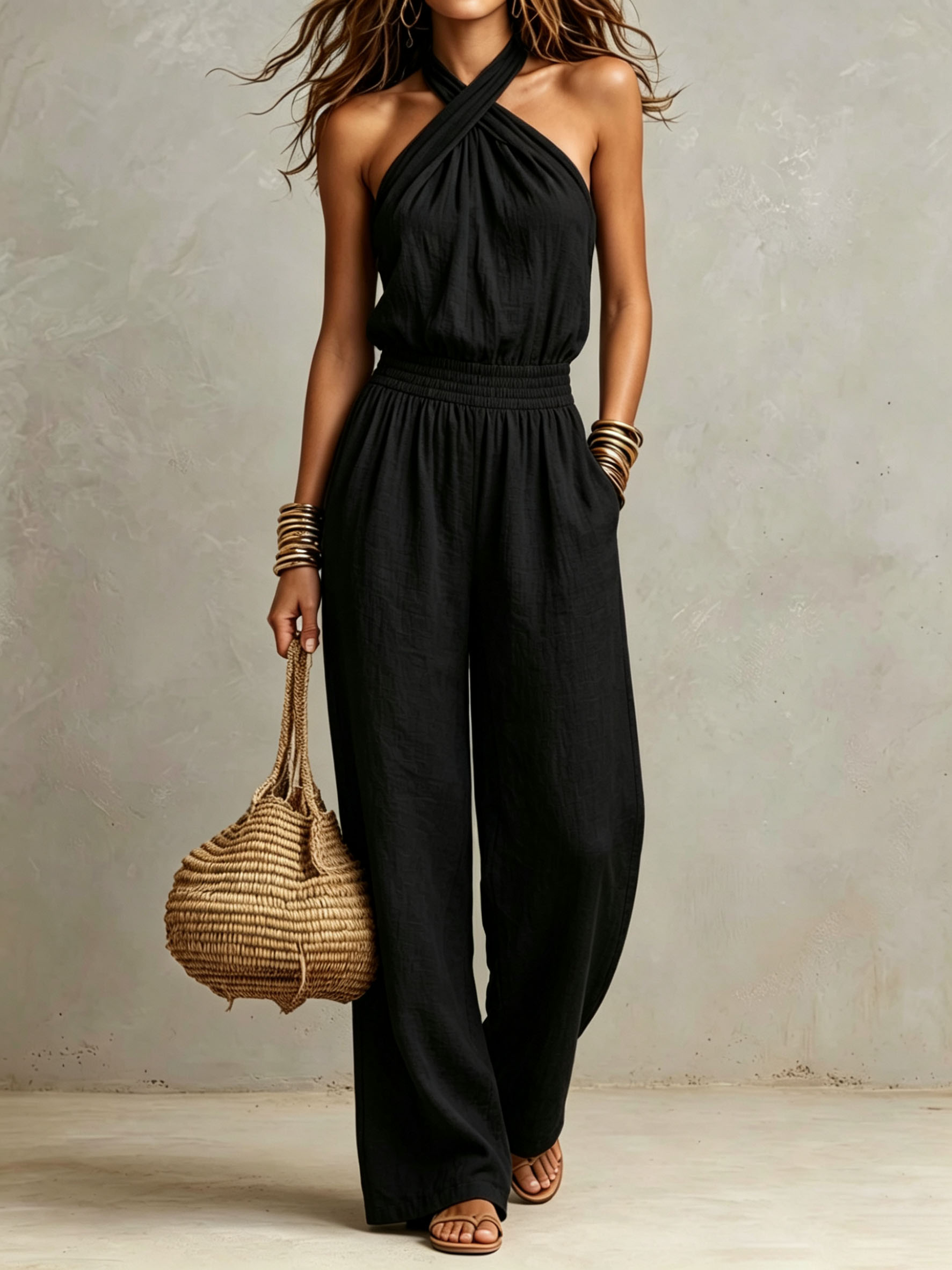 Cross Halter Linen Wide Leg Jumpsuit