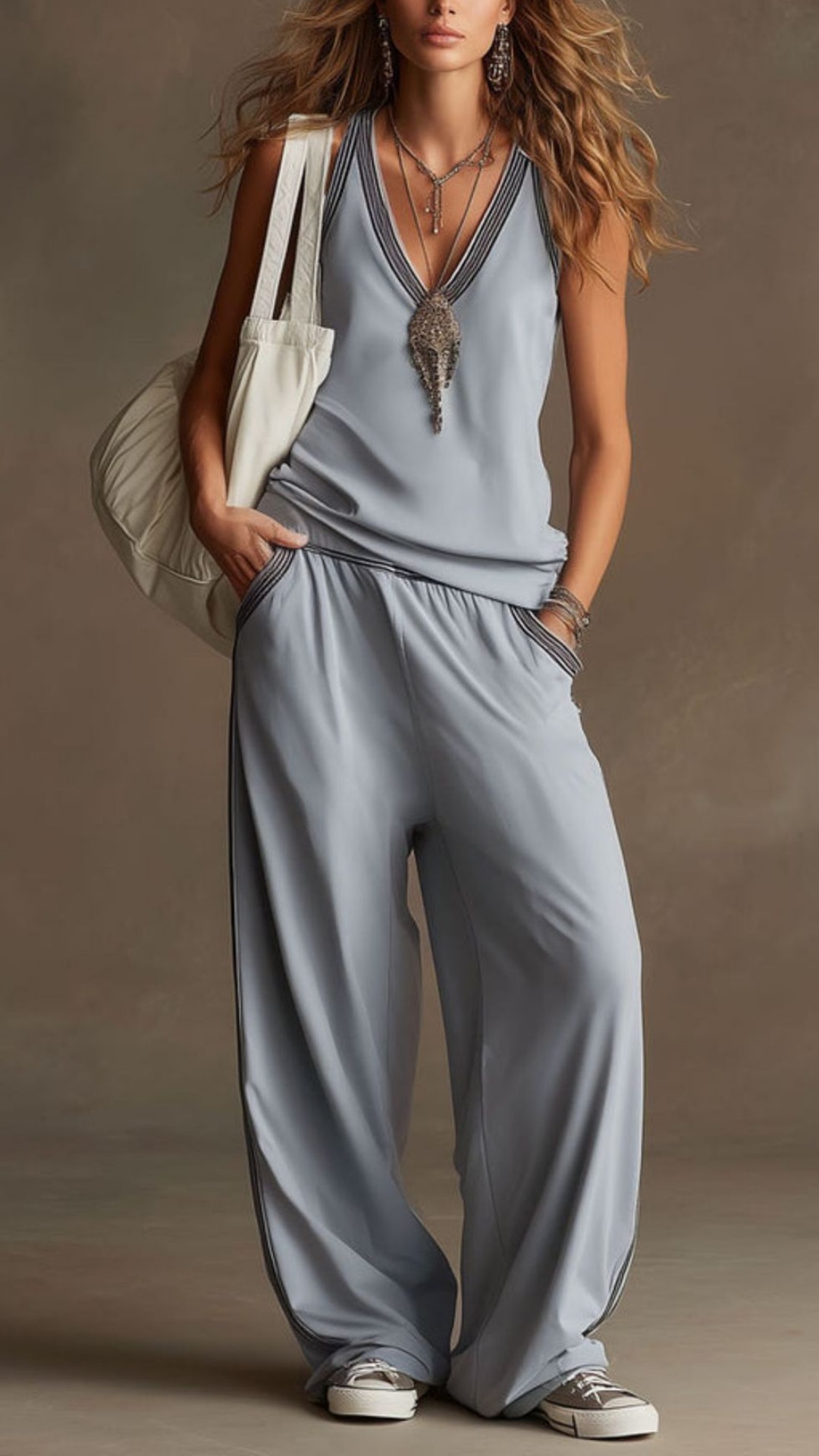 Women's V-Neck Sleeveless Wide-Leg Pants Two-Piece Set