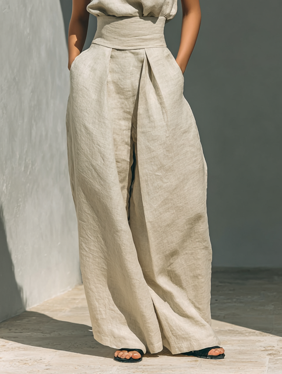 Women's Minimalist Cotton And Linen Blend Sleeveless Blouse And Wide-leg Pants Set