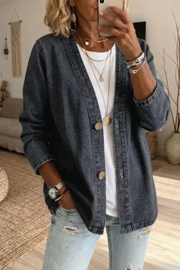 Women's V-Neck Button Front Denim Jacket Casual Loose Fit