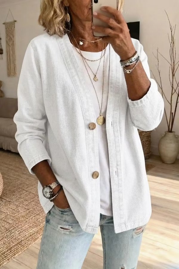 Women's V-Neck Button Front Denim Jacket Casual Loose Fit