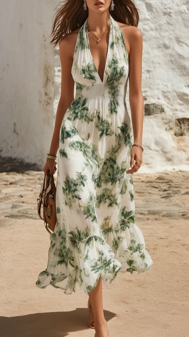 Vacation-Style V-Neck Sleeveless Botanical Print Chiffon Midi Dress
