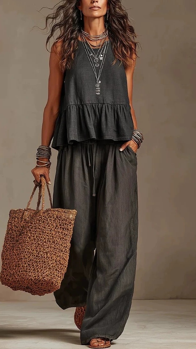 Women's Cotton-Linen Two-Piece Set: Ruffled Sleeveless Top & Wide-Leg Pants