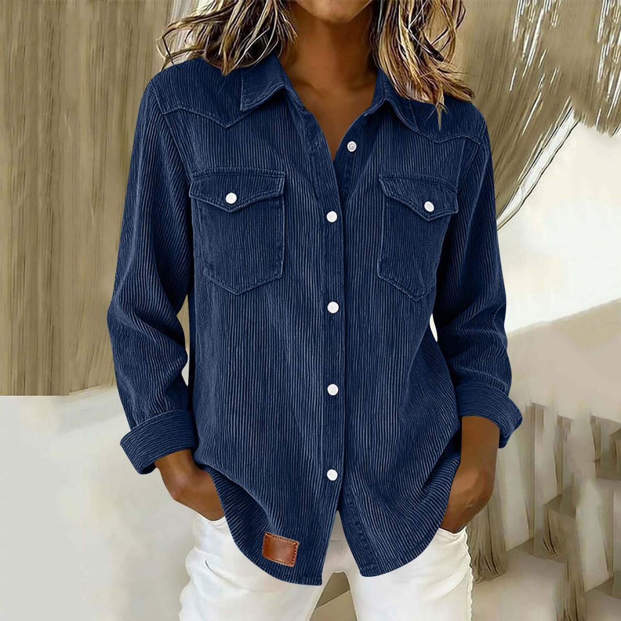 Women's Oversized Corduroy Button-Up Shirt with Flap Pockets Long Sleeve Casual Blouse
