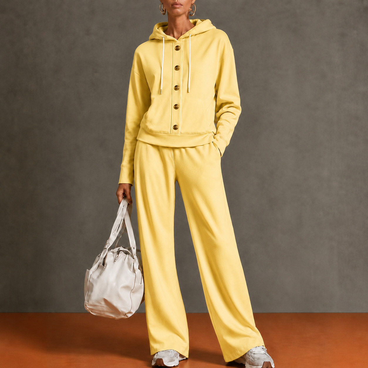 Women’s Hooded Two Piece Lounge Set, Button Front Sweatshirt Top & Wide Leg Pants Outfit