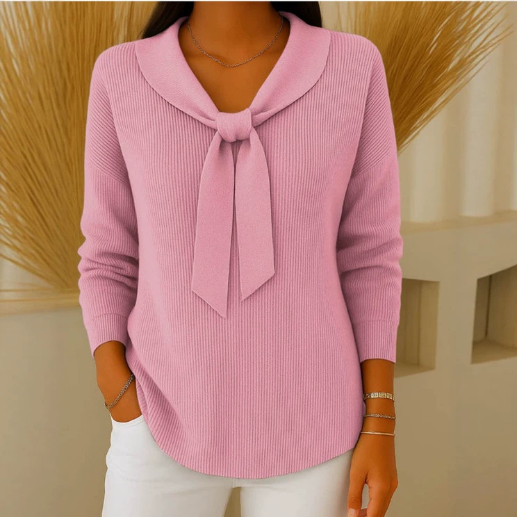 Women's Bow Tie Neck Knit Sweater, Relaxed Fit Long Sleeve Pullover Top