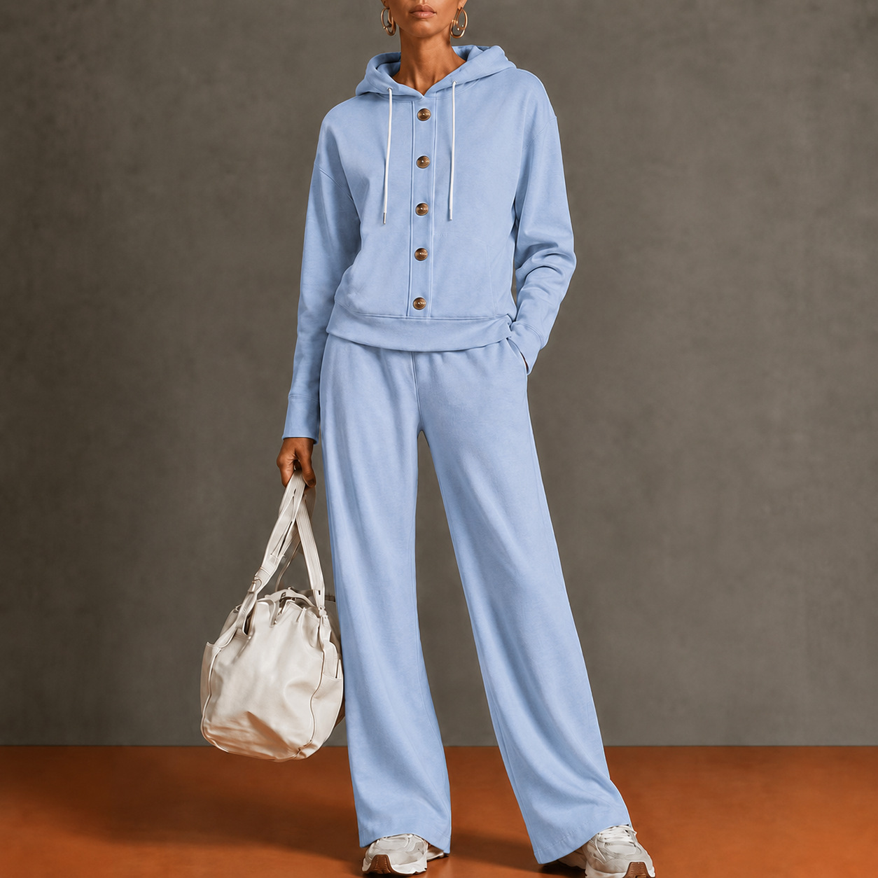 Women’s Hooded Two Piece Lounge Set, Button Front Sweatshirt Top & Wide Leg Pants Outfit