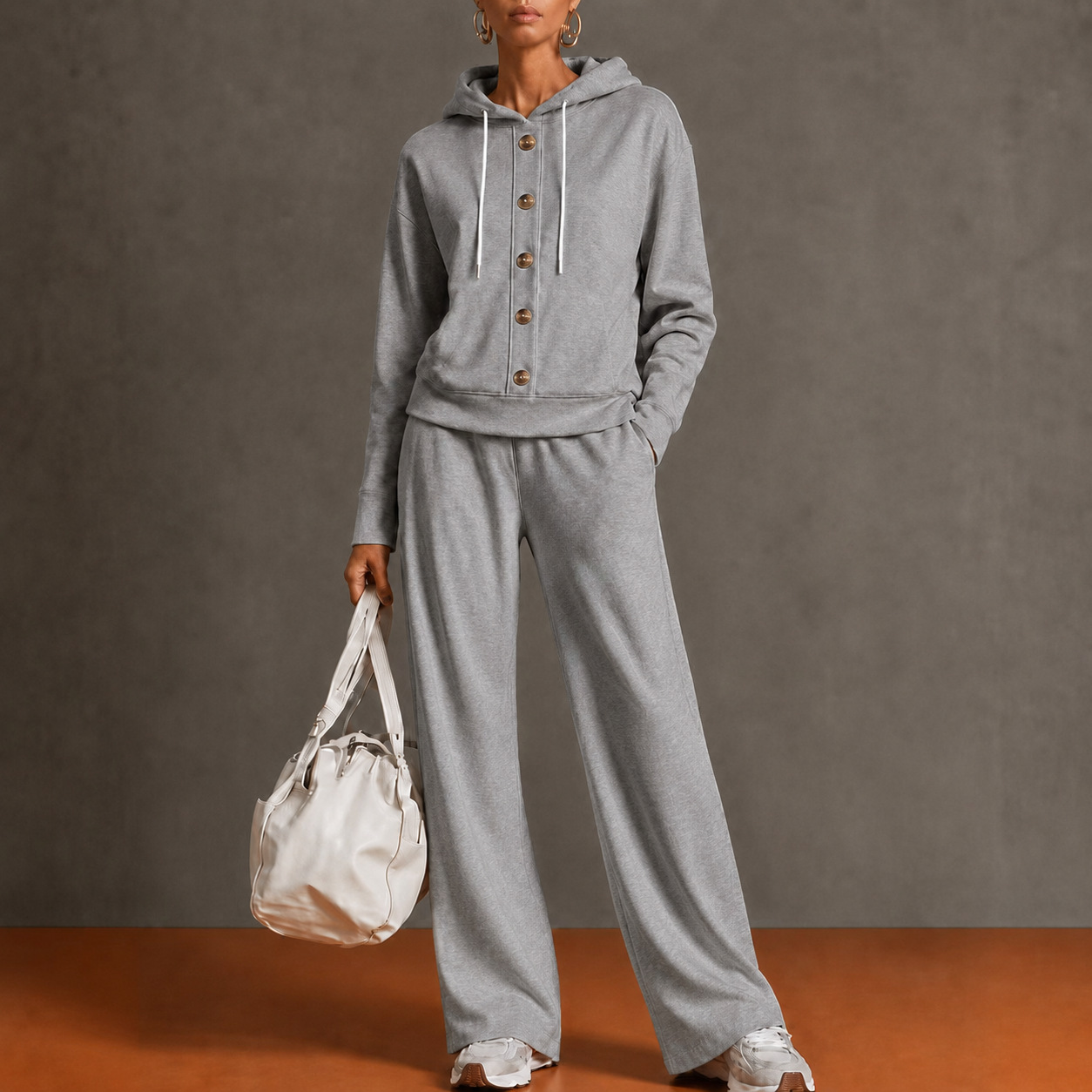 Women’s Hooded Two Piece Lounge Set, Button Front Sweatshirt Top & Wide Leg Pants Outfit